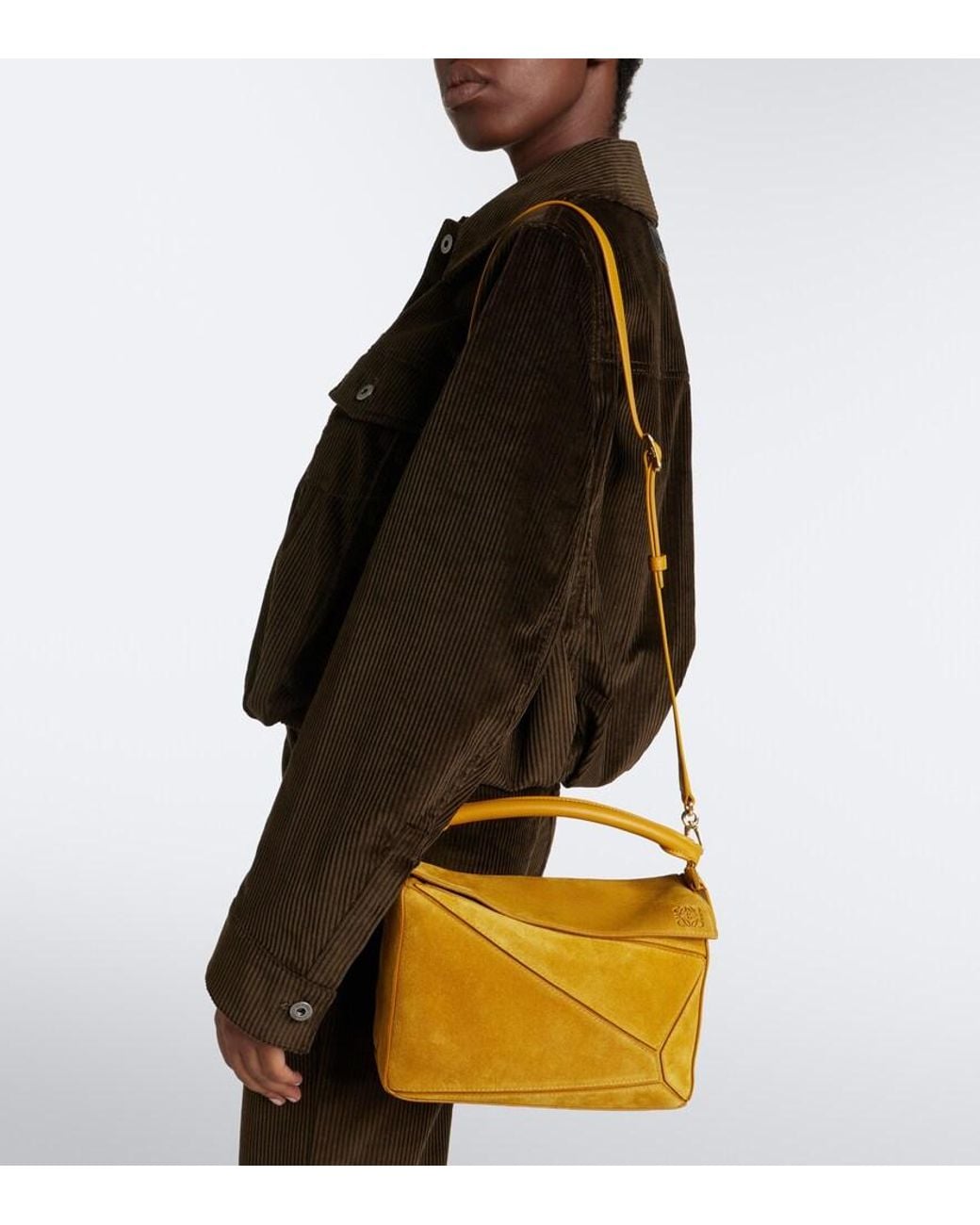 Loewe Yellow Featherlight Puzzle Small Suede Top-Handle Bag