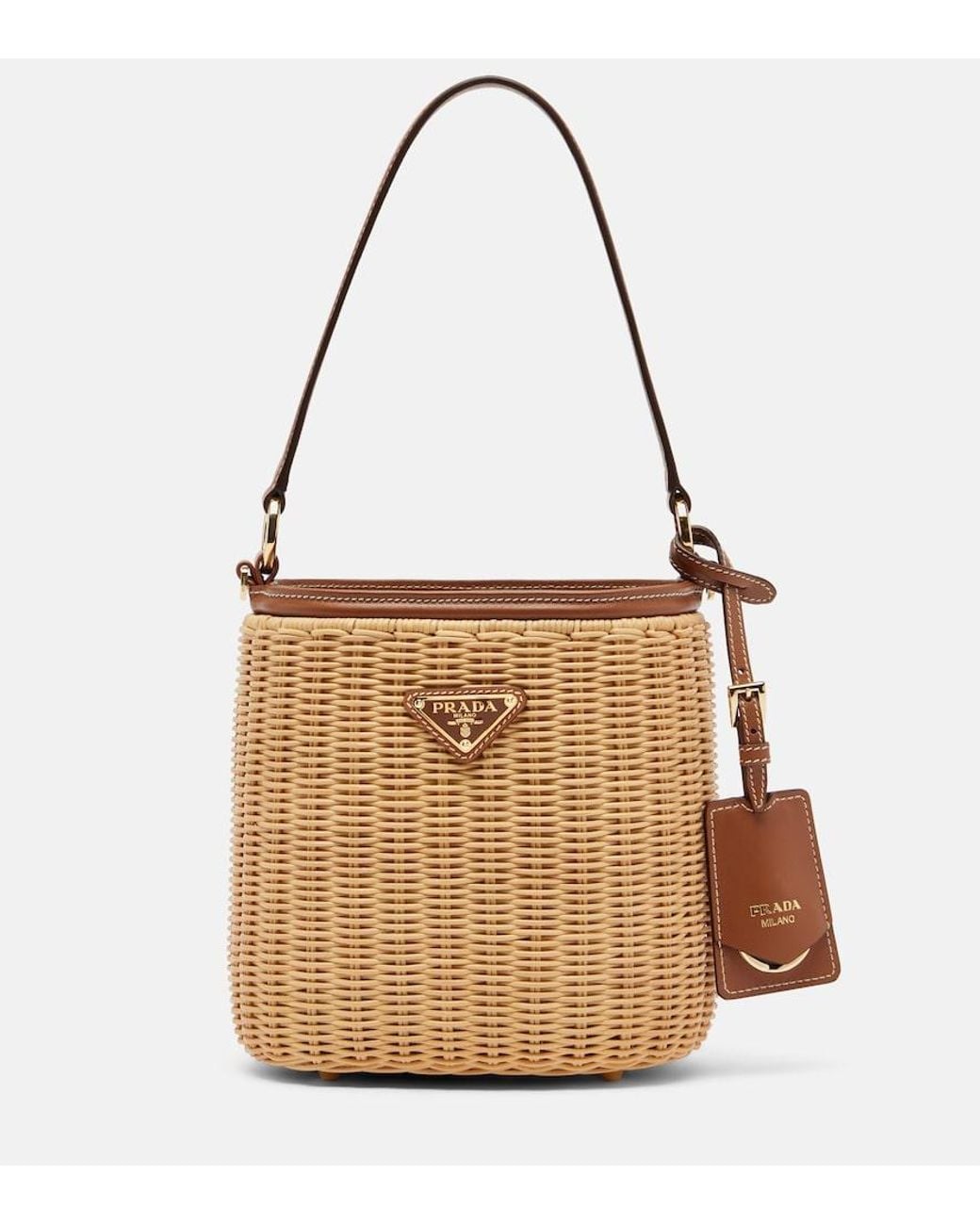Prada Brown Leather-Trimmed Wicker Bucket Bag