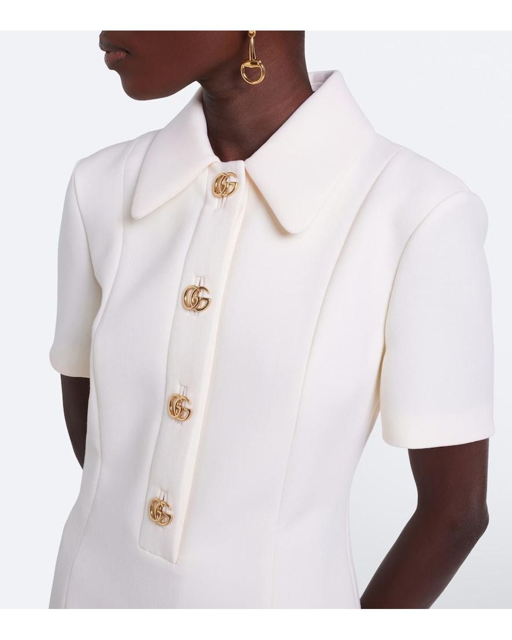 Gucci Natural Double G Wool Crepe Polo Dress