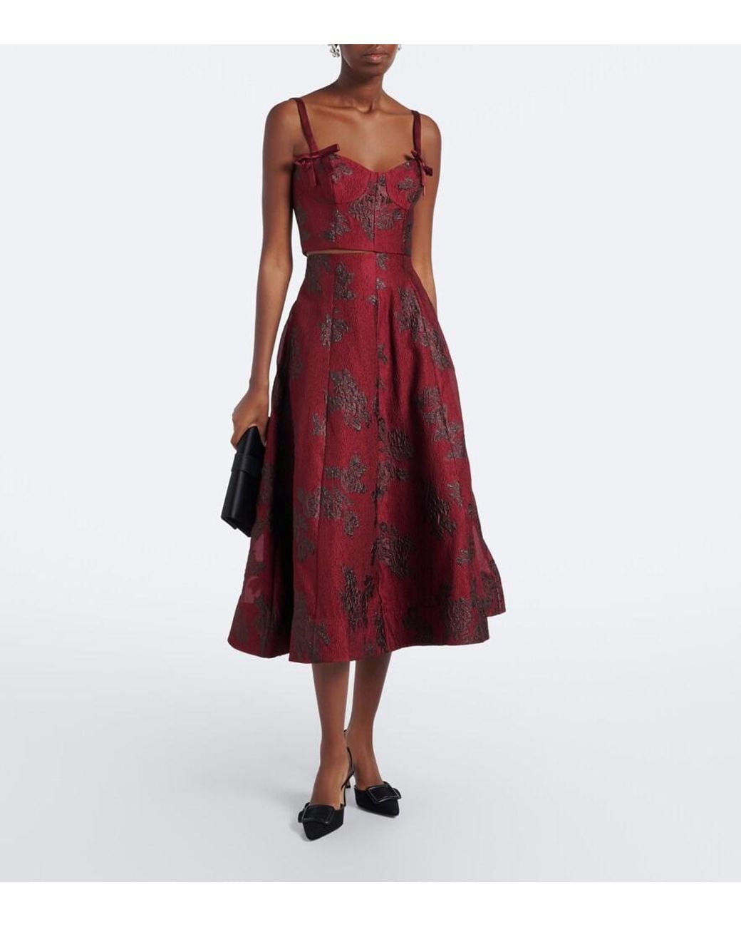 Rebecca Vallance Red Waverly Floral Cloque Midi Skirt