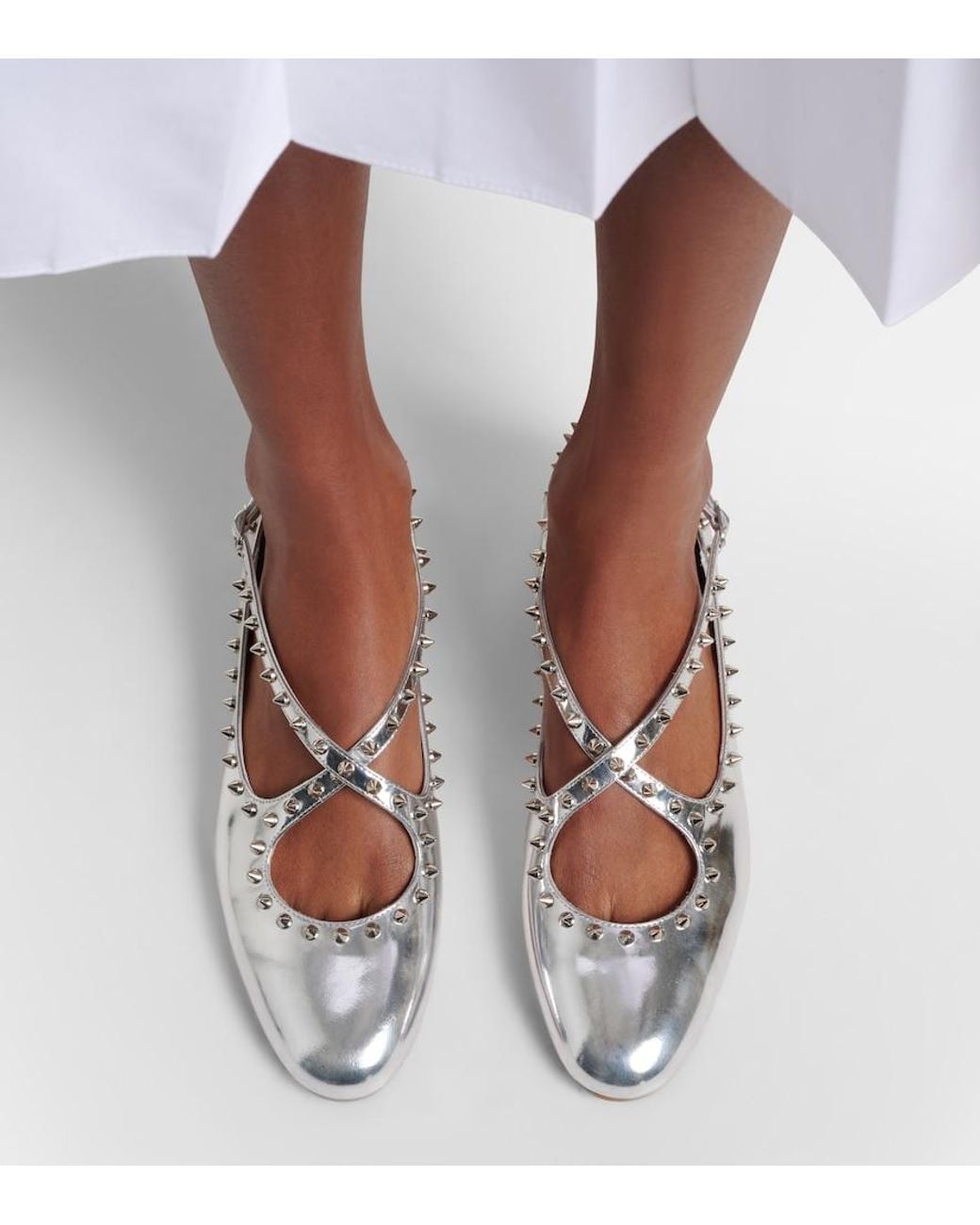 Christian Louboutin White Pilouta Jane Spikes Leather Ballet Flats