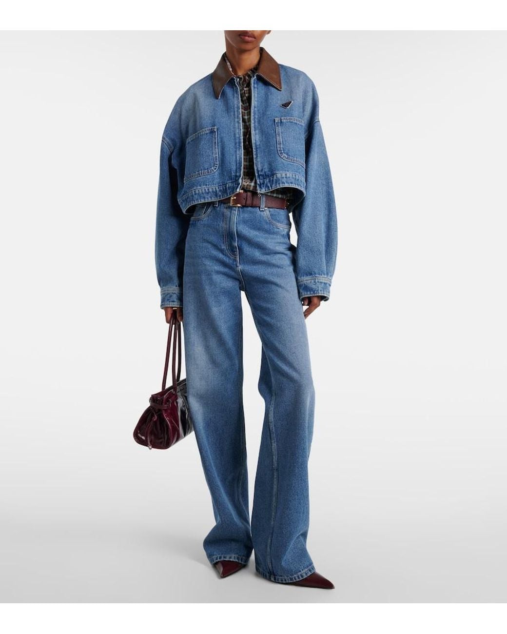 Prada Blue Leather-Trimmed Cropped Denim Jacket