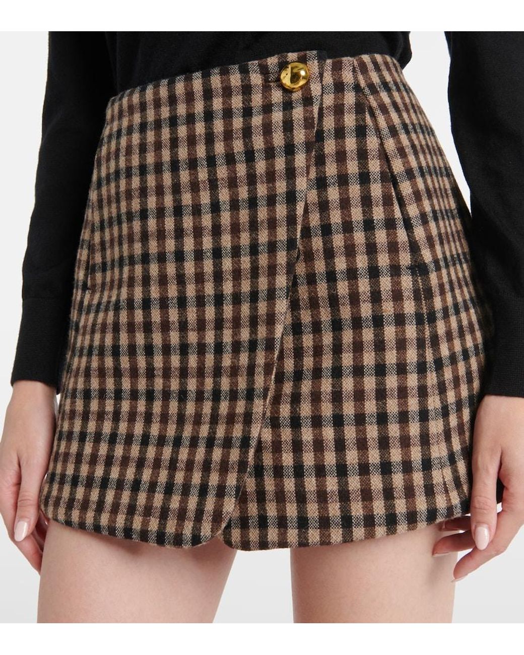 Ganni Brown Checked Wool Wrap Skirt
