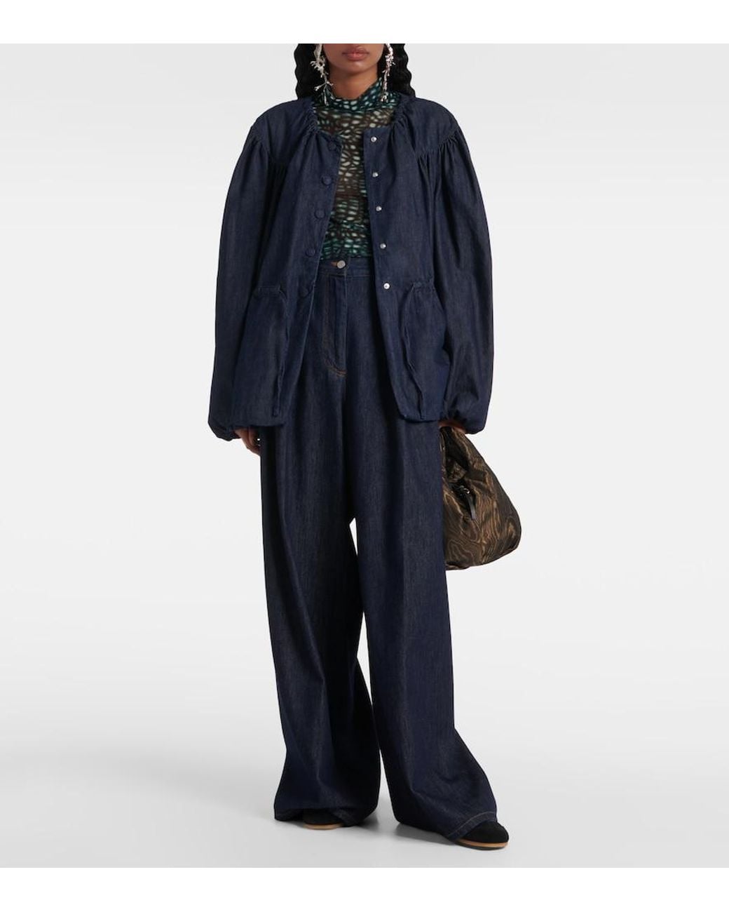 Dries Van Noten Blue Gathered Denim Blouse