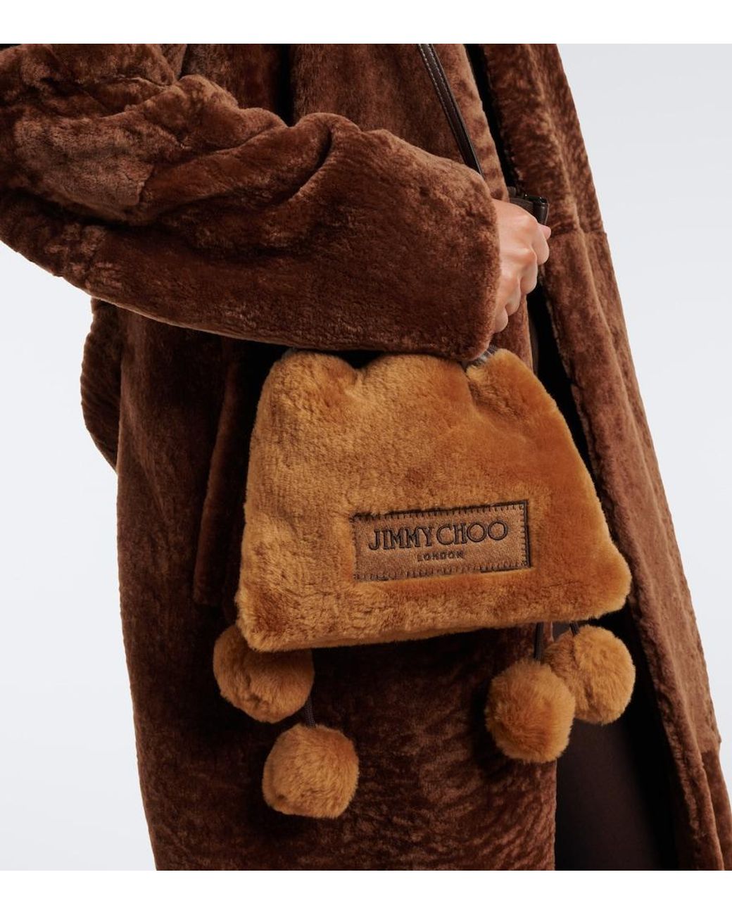Jimmy Choo Brown Drawstring Mini Shearling Top-Handle Bag