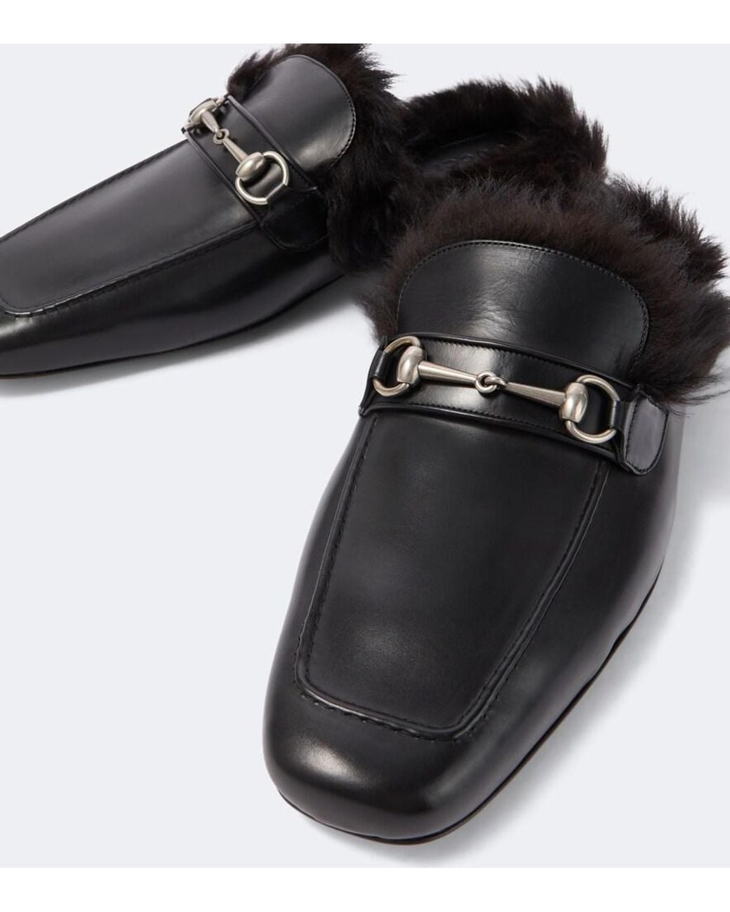 Gucci Black Horsebit Shearling-Lined Leather Mules for men