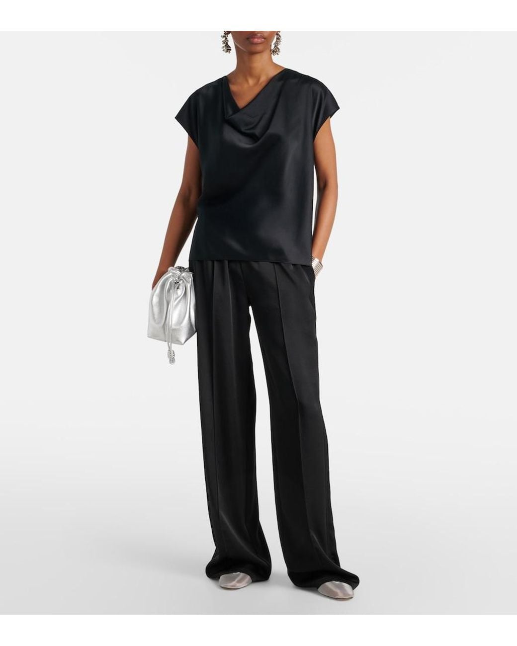 Vince Black Draped Silk Satin Top