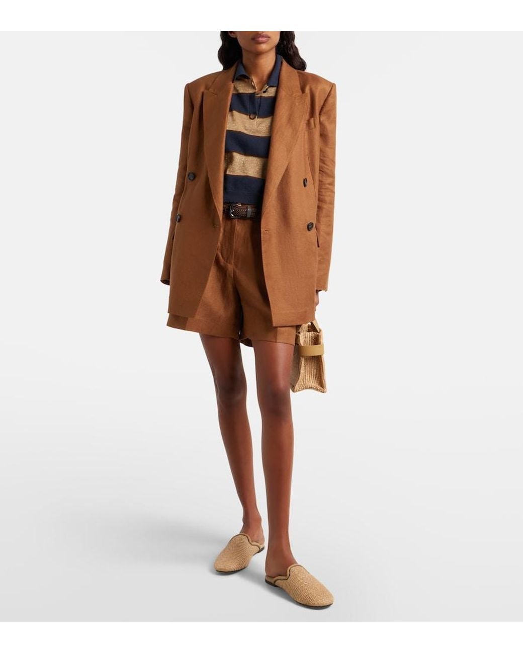 Brunello Cucinelli Brown Double-Breasted Linen Blazer