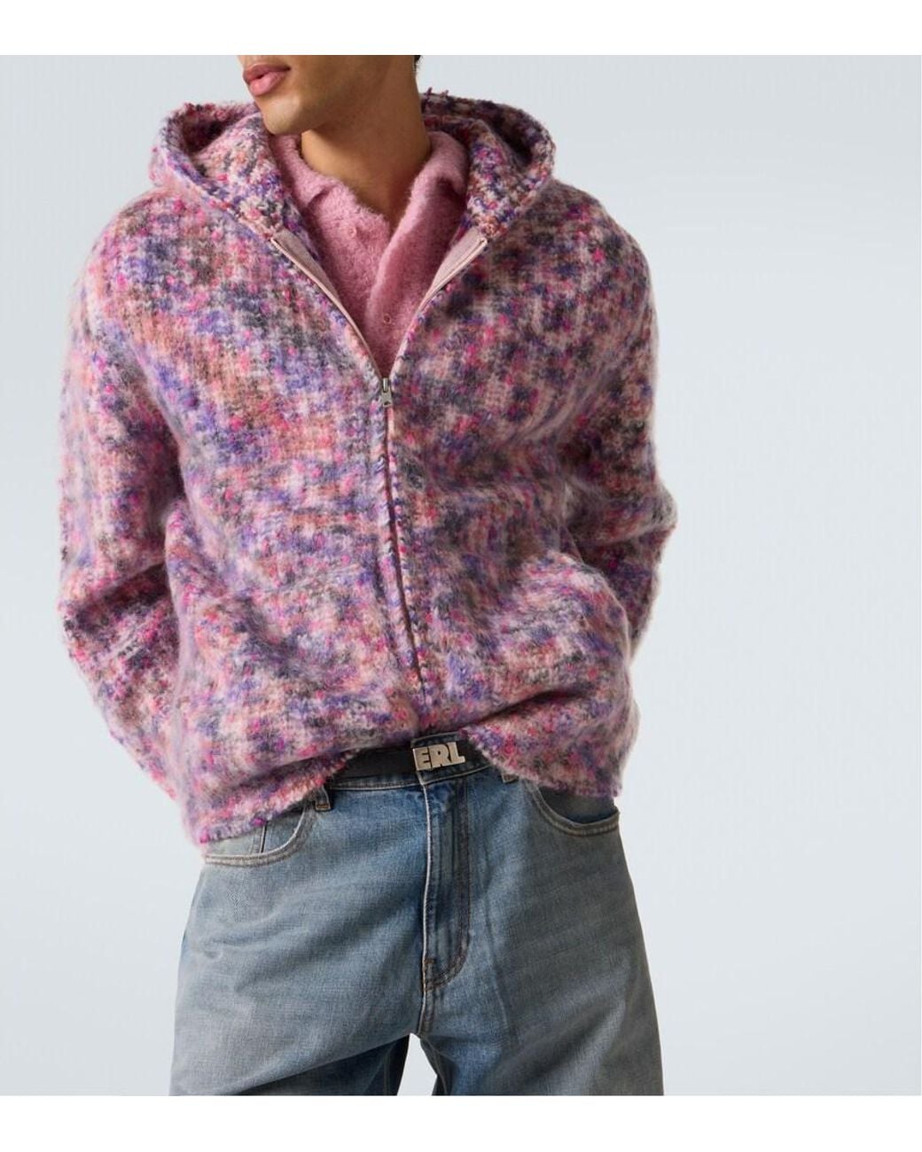 ERL Purple Hooded Wool, Mohair, And Cotton-Blend Cardigan for men