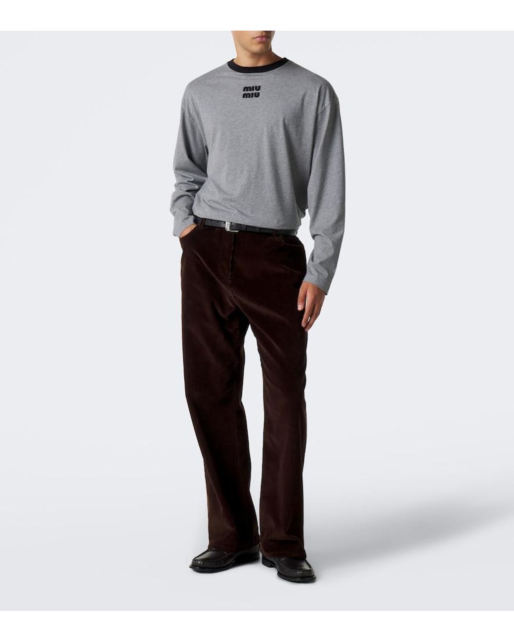 Miu Miu Gray Embroidered Logo Cotton Jersey T-Shirt for men