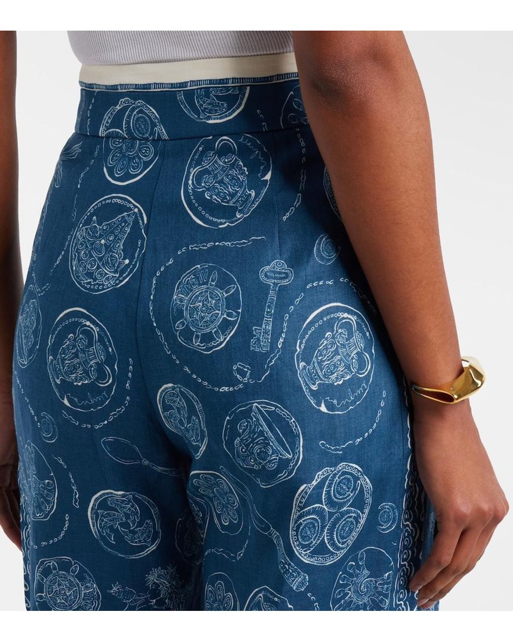 ALÉMAIS Blue Lucky Printed Linen Wide-Leg Pants