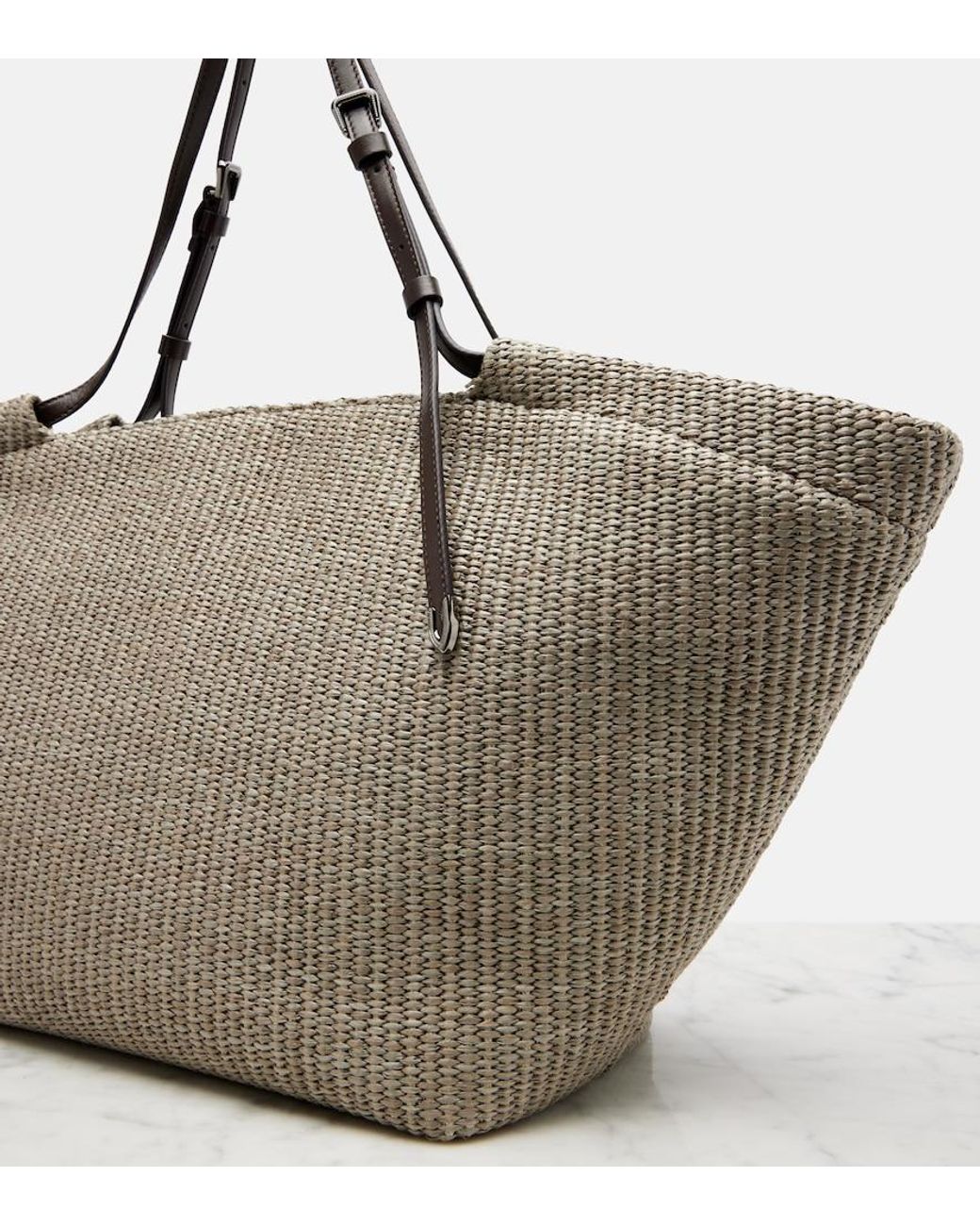 Brunello Cucinelli Gray Leather-Trimmed Raffia Tote Bag
