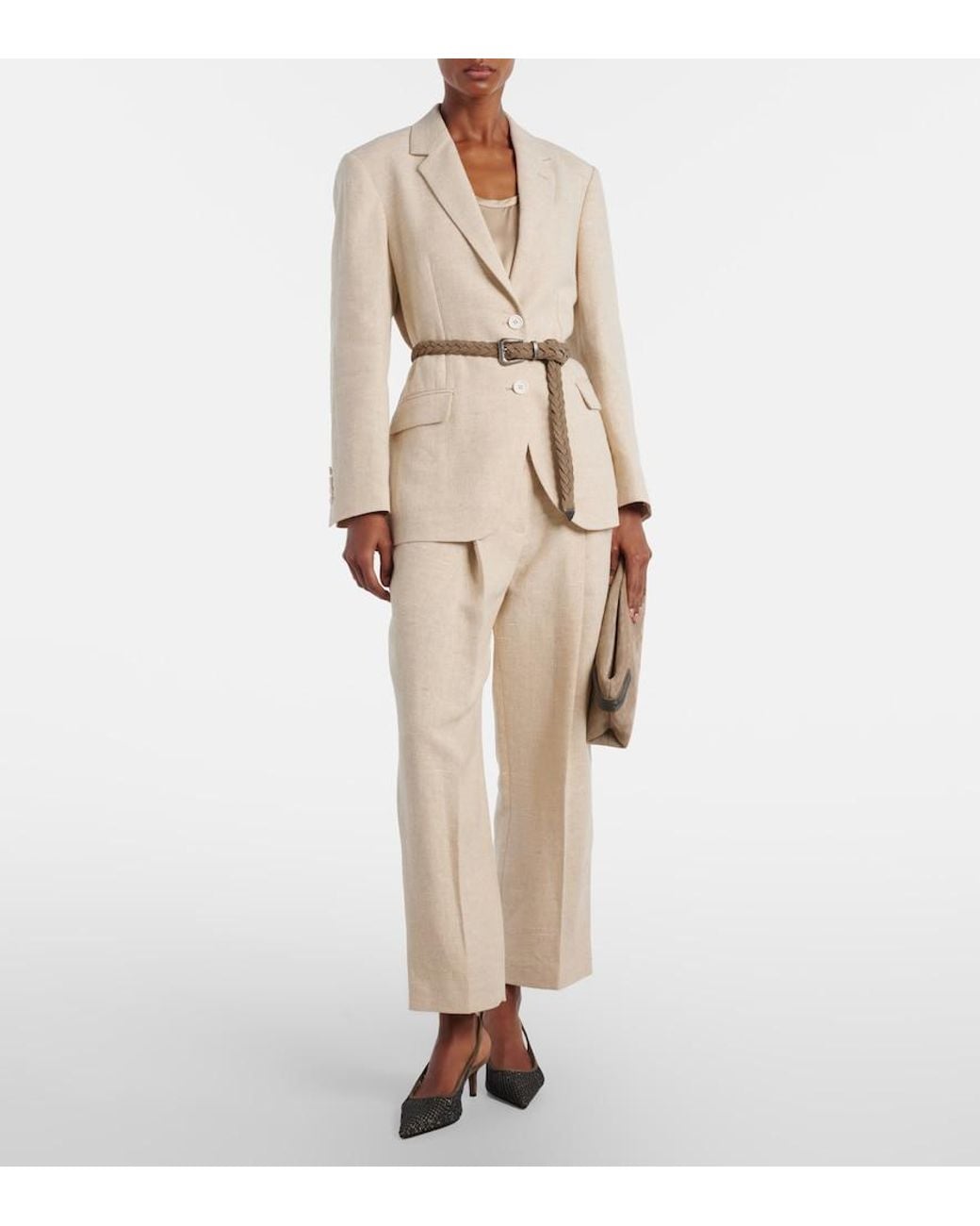 Brunello Cucinelli Natural Cropped Linen And Silk-Blend Wide-Leg Pants