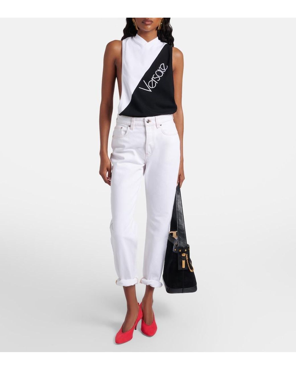 Versace Black Logo Embroidered Cotton-Blend Tank Top