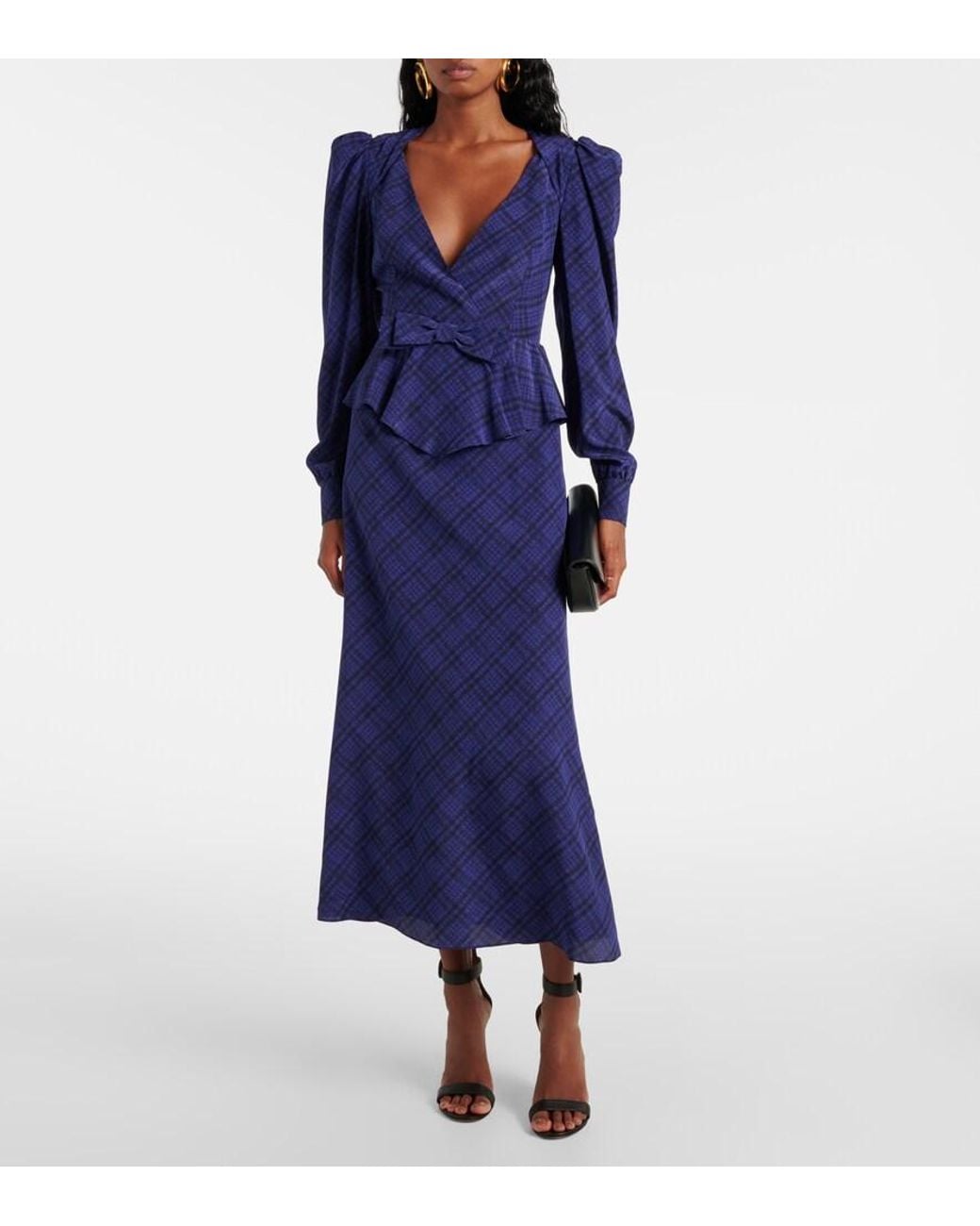 Alessandra Rich Blue Tartan Silk Midi Dress