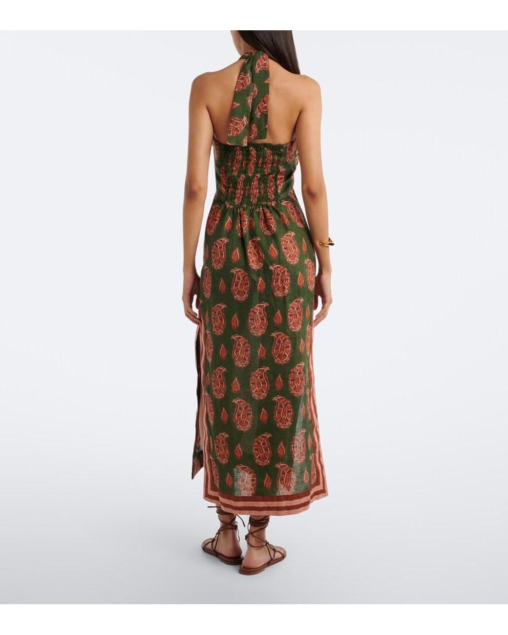 Johanna Ortiz Brown Printed Halterneck Linen Midi Dress