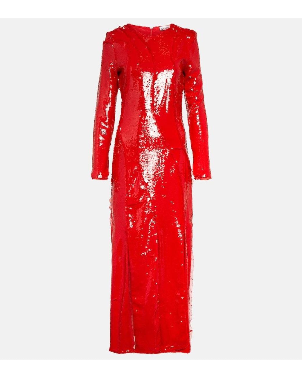 Ganni Red Lace-embellished Sequinned Gown