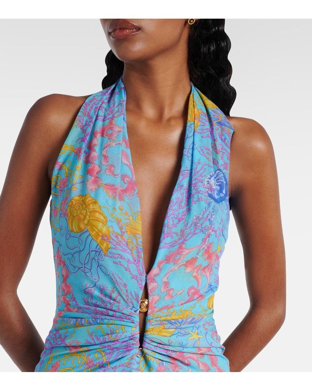 Versace Blue Printed Halterneck Gown