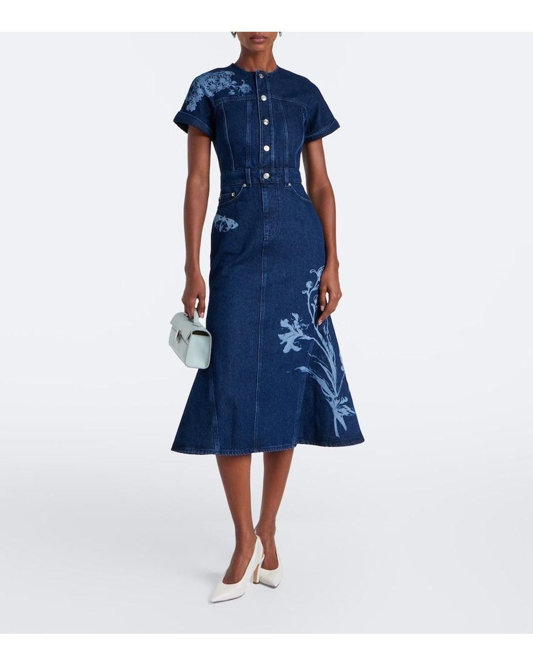 Erdem Blue Printed Denim Midi Dress
