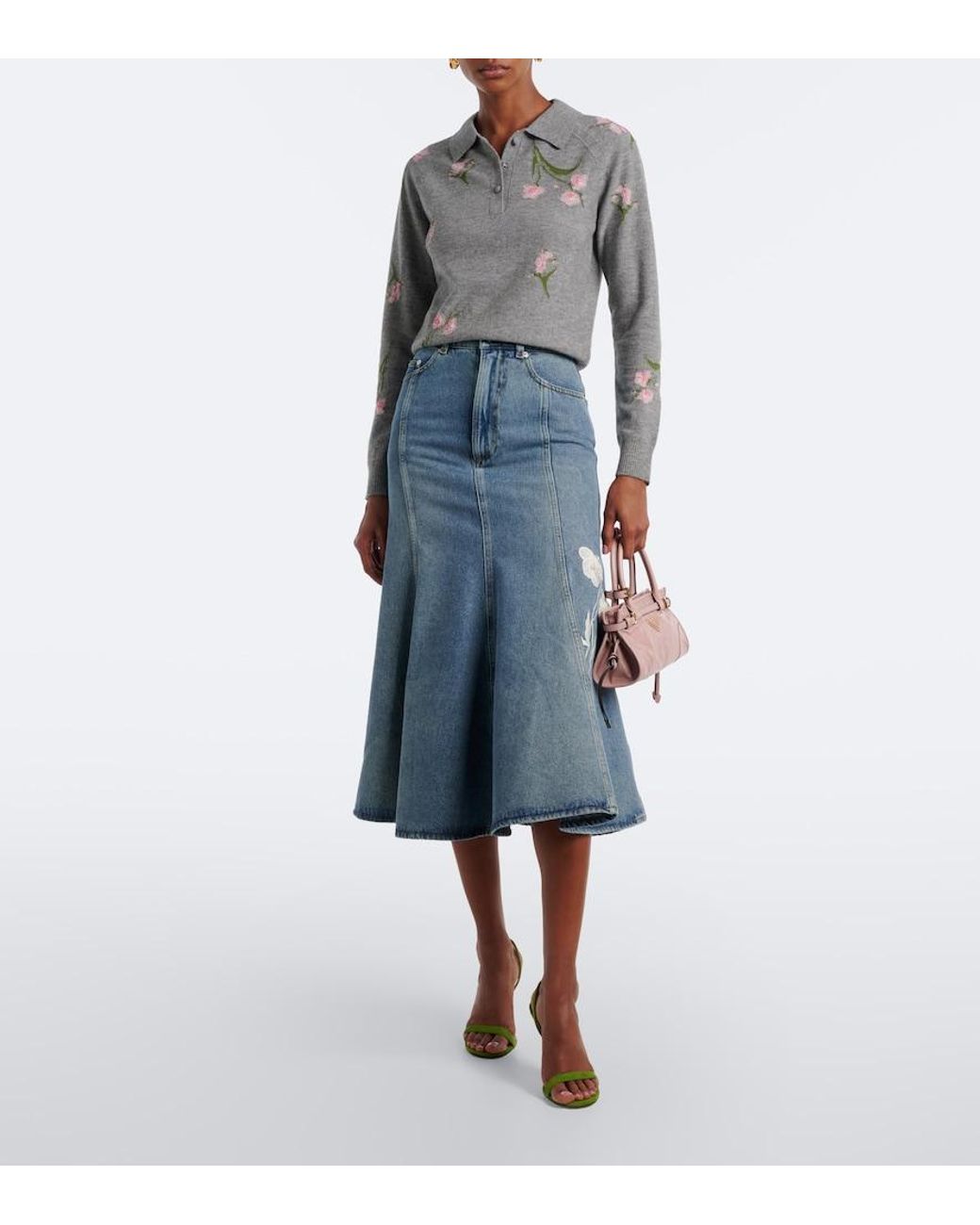 Erdem Blue Floral-Applique Denim Midi Skirt