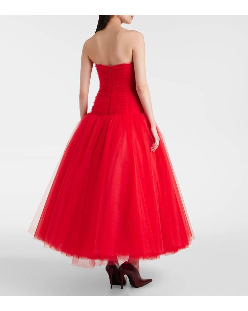 Carolina Herrera Red Embellished Strapless Tulle Gown