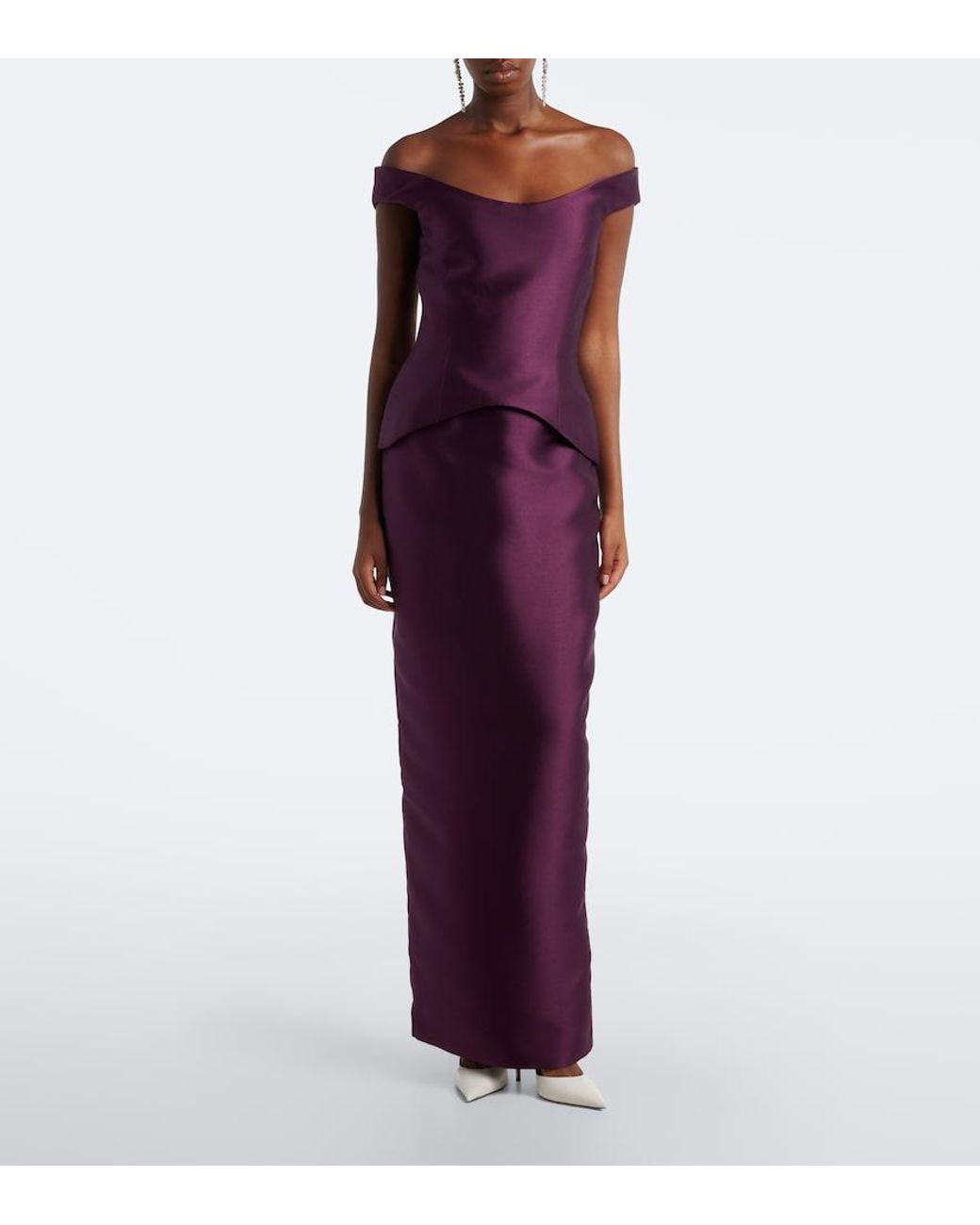 Solace London Purple Pieta Off-Shoulder Peplum Satin Gown