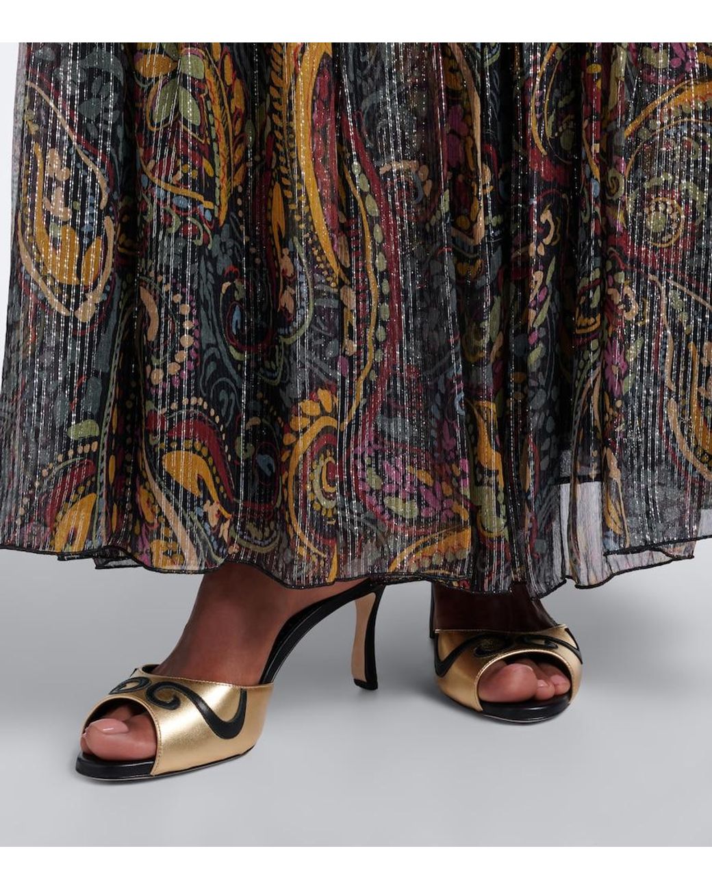 Manolo Blahnik Pintonamu Embroidered Metallic Leather Mules