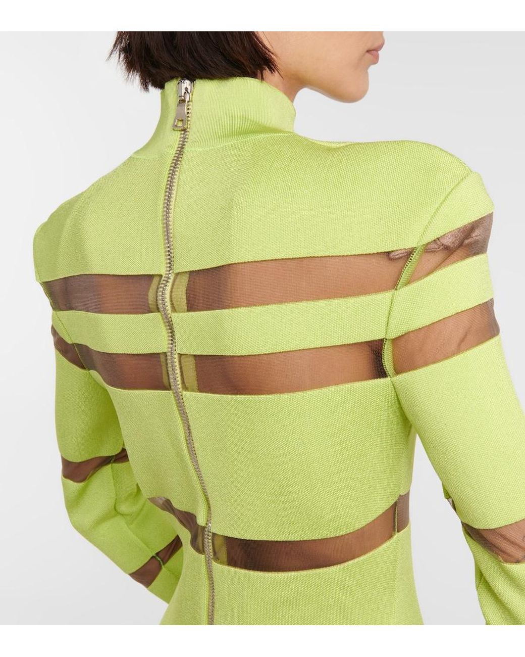Balmain Green Turtleneck Mesh-Paneled Minidress