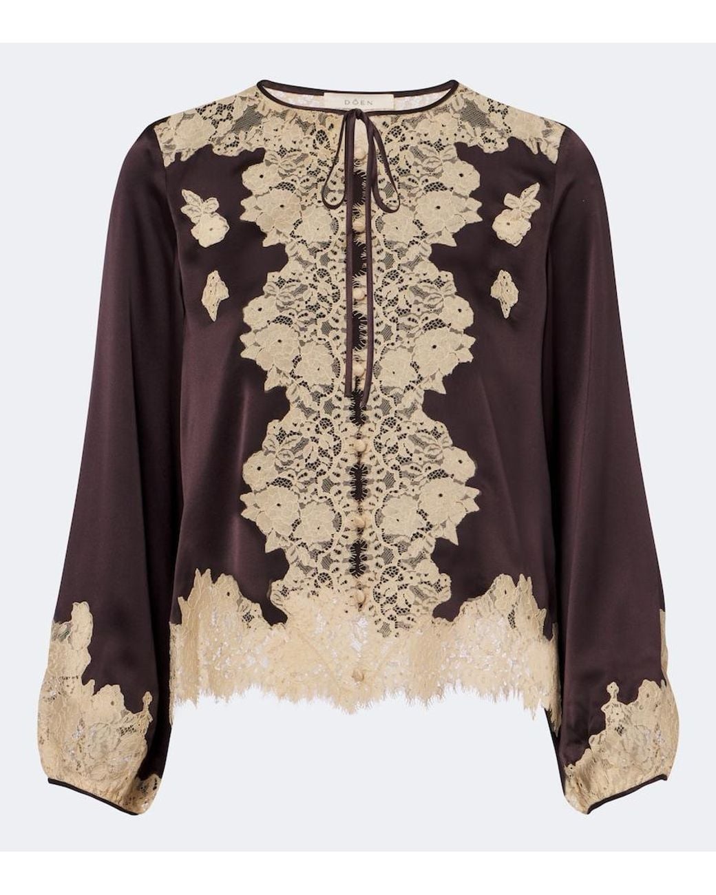 Doen Black Lucine Lace-Trimmed Silk Satin Blouse