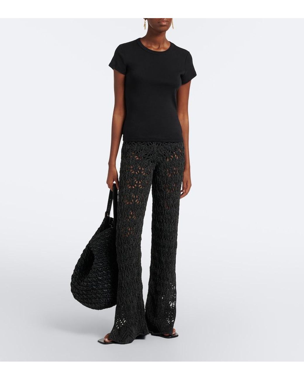 Alanui Black Time To Shine Open-Knit Wide-Leg Pants