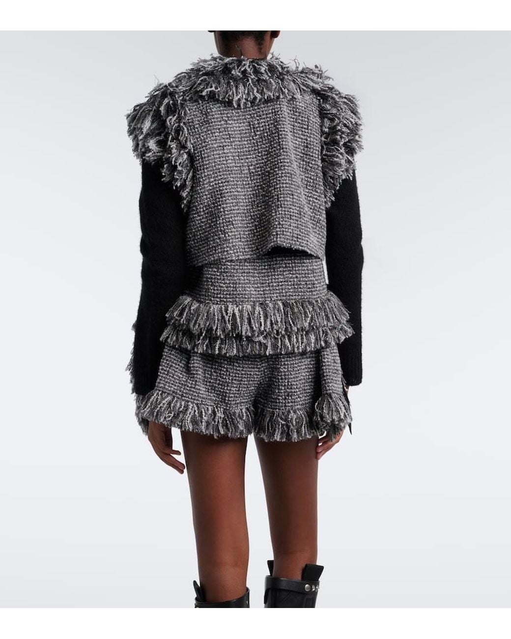 Sacai Gray Fringed Wool-Blend Tweed Shorts