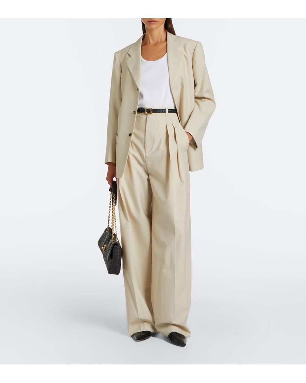 Bottega Veneta Natural Wool And Cotton Wide-Leg Pants