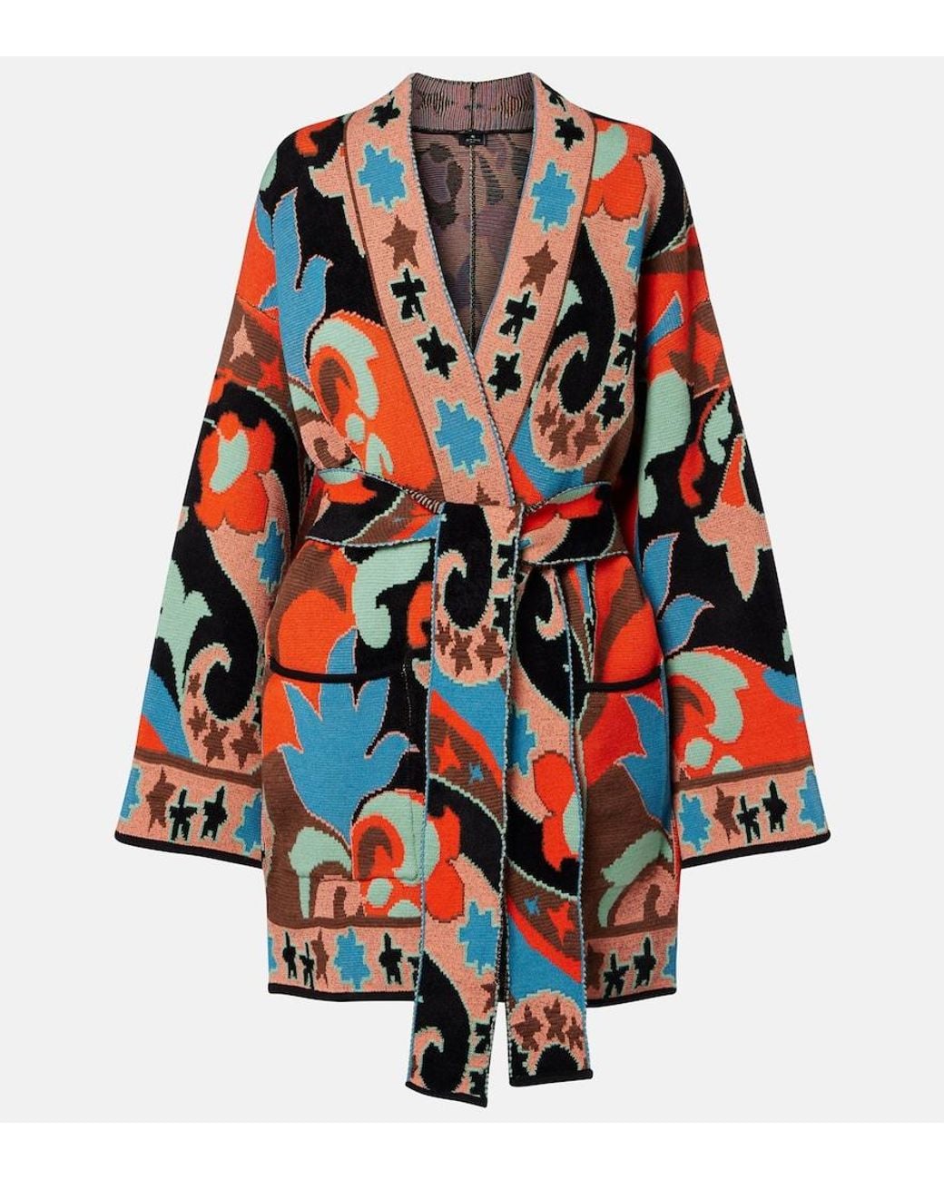 Etro Red Jacquard Wool-Blend Wrap Cardigan