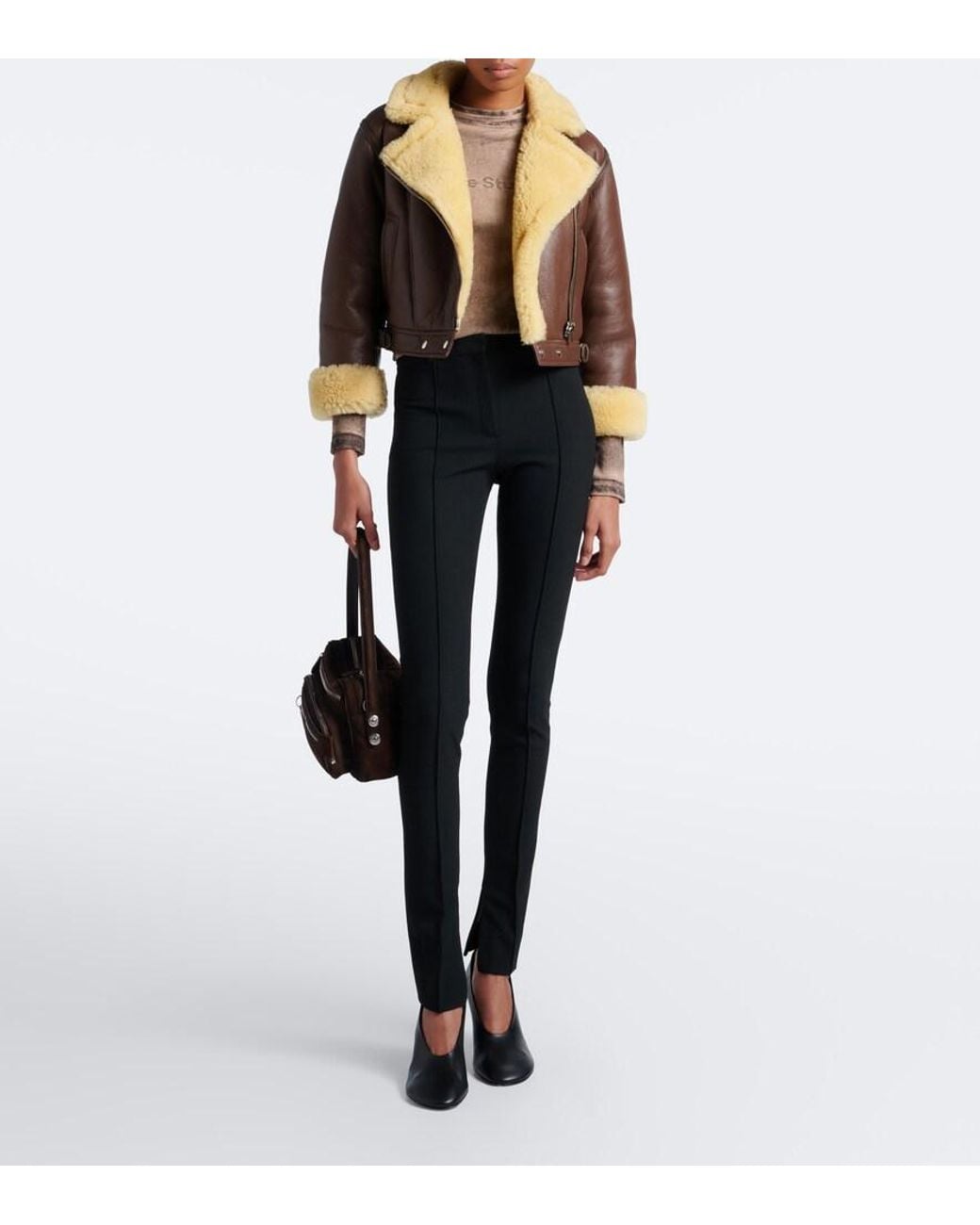 Acne Brown Shearling-Trimmed Leather Biker Jacket