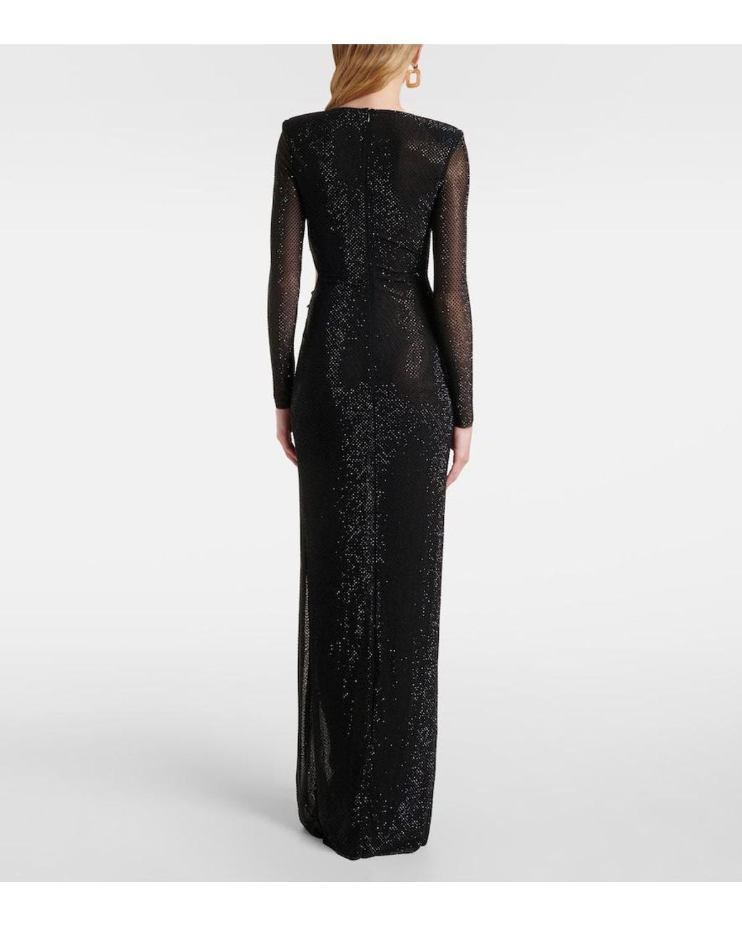 Self-Portrait Black Crystal-Embellished Mesh Maxi Dress