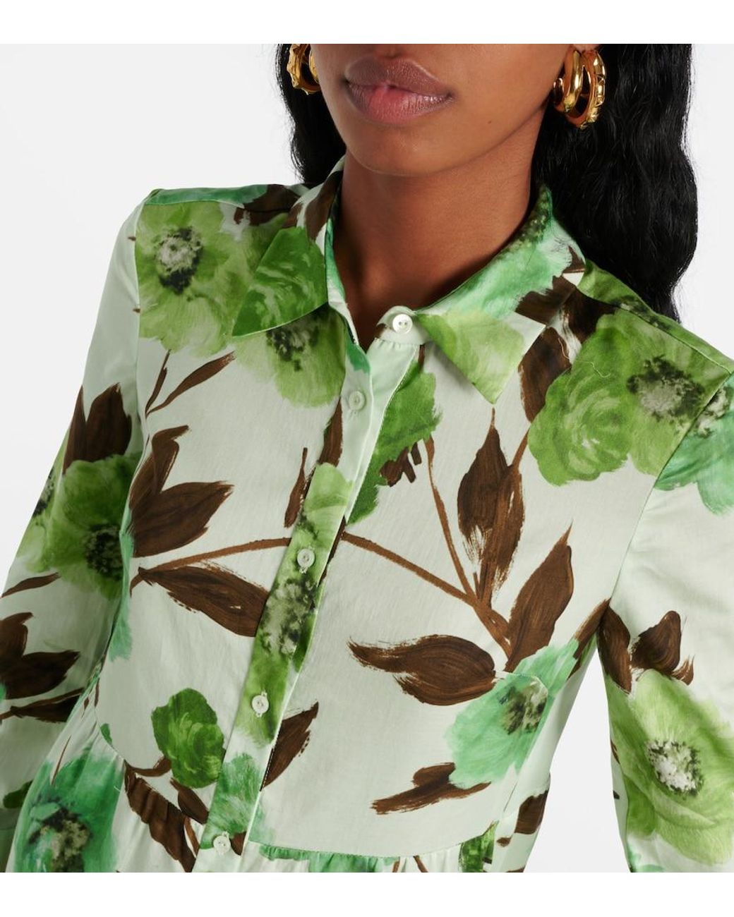 Erdem Green Floral-Print Cotton Midi Shirt Dress