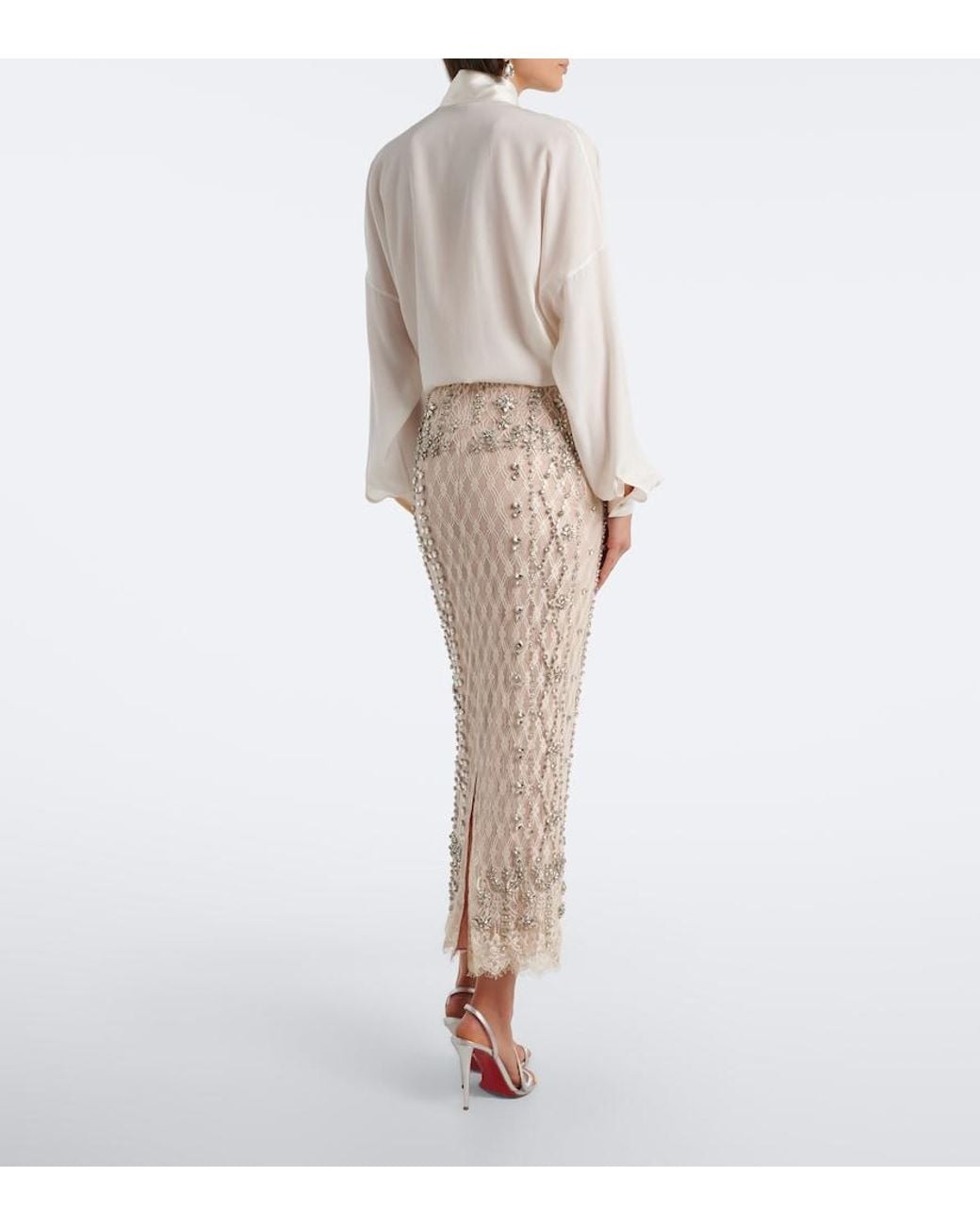 Costarellos Natural Dena Embellished Lace Pencil Skirt