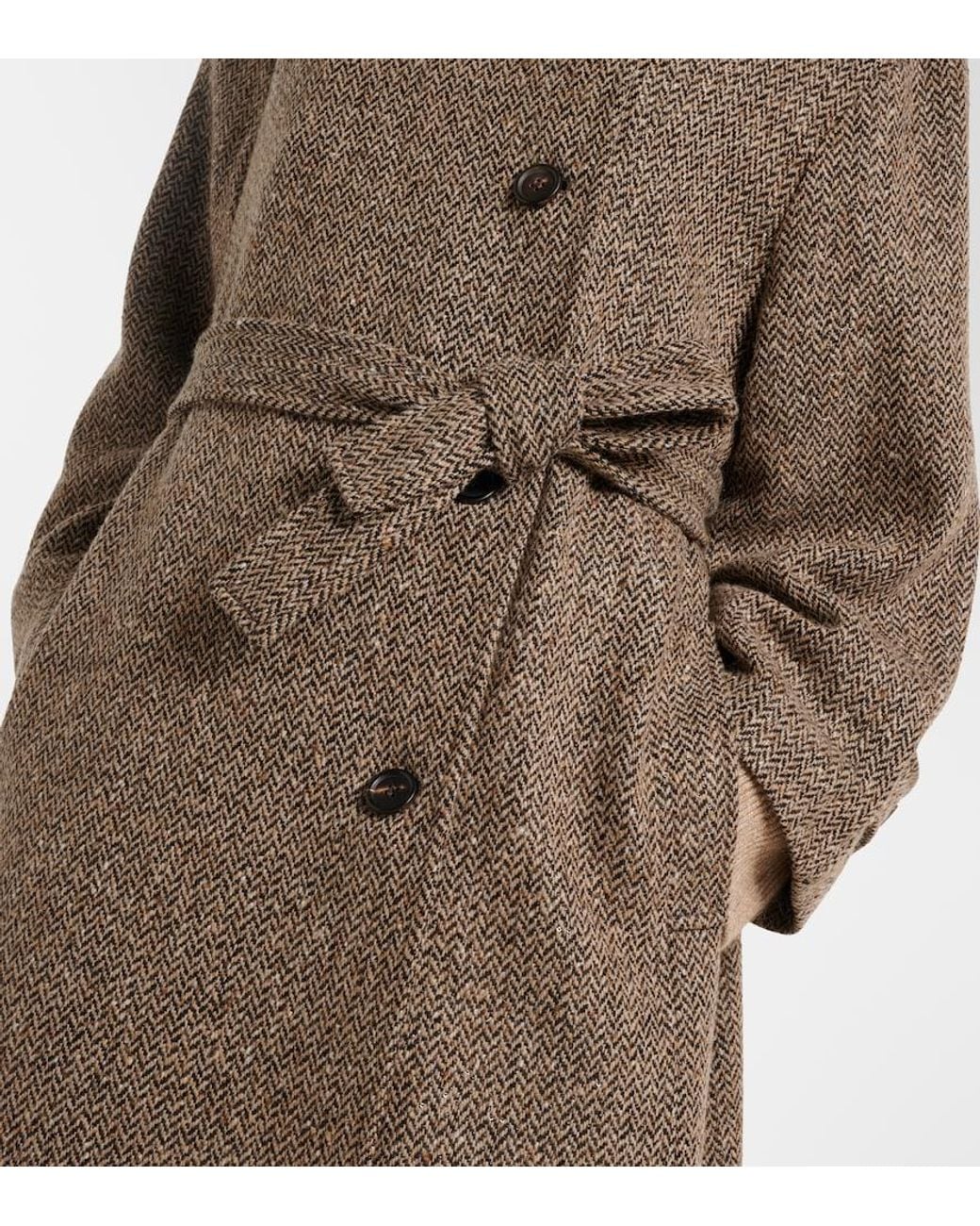 Brunello Cucinelli Brown Belted Herringbone Wool-Blend Coat