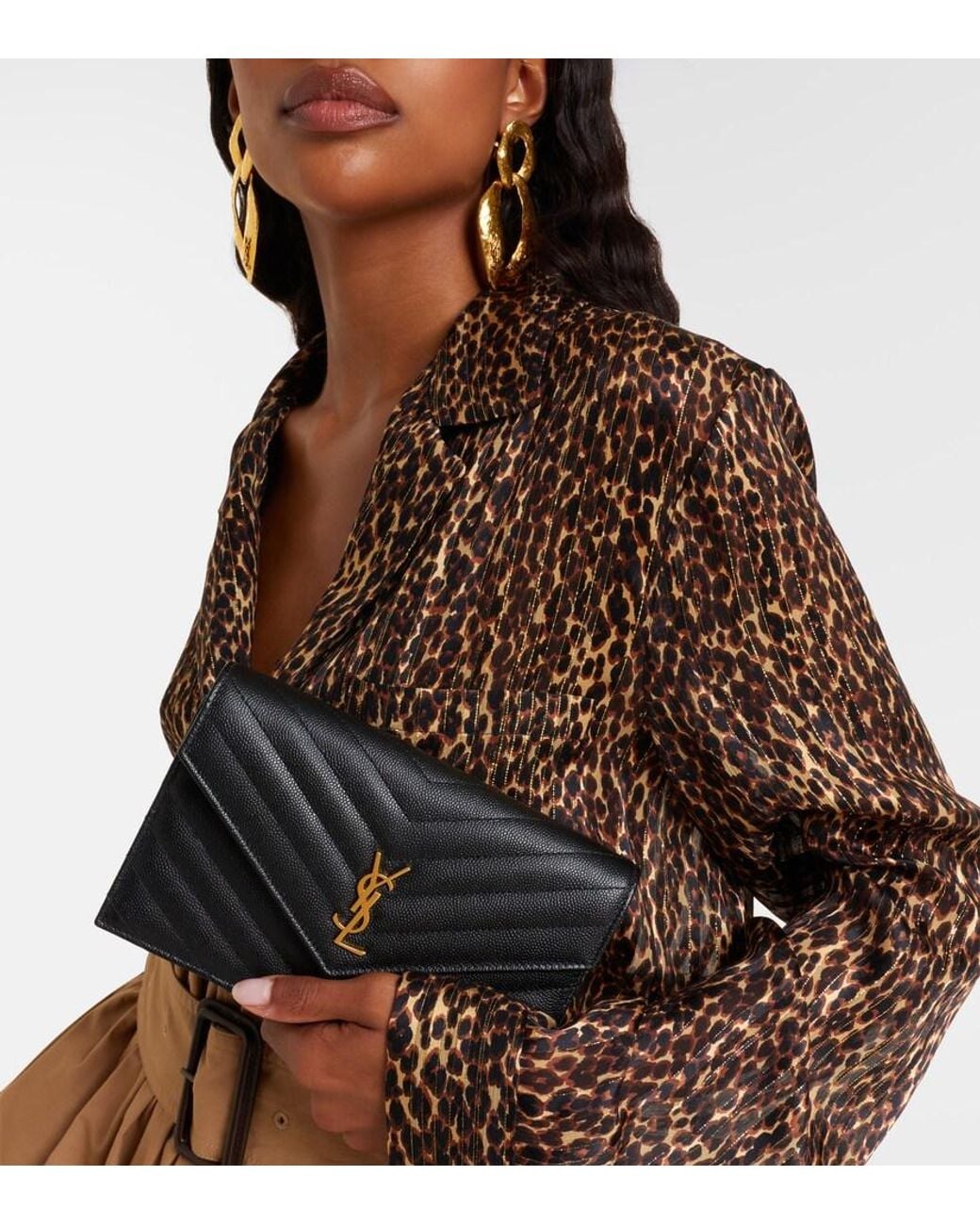 Saint Laurent Black Cassandre Leather Wallet On Chain