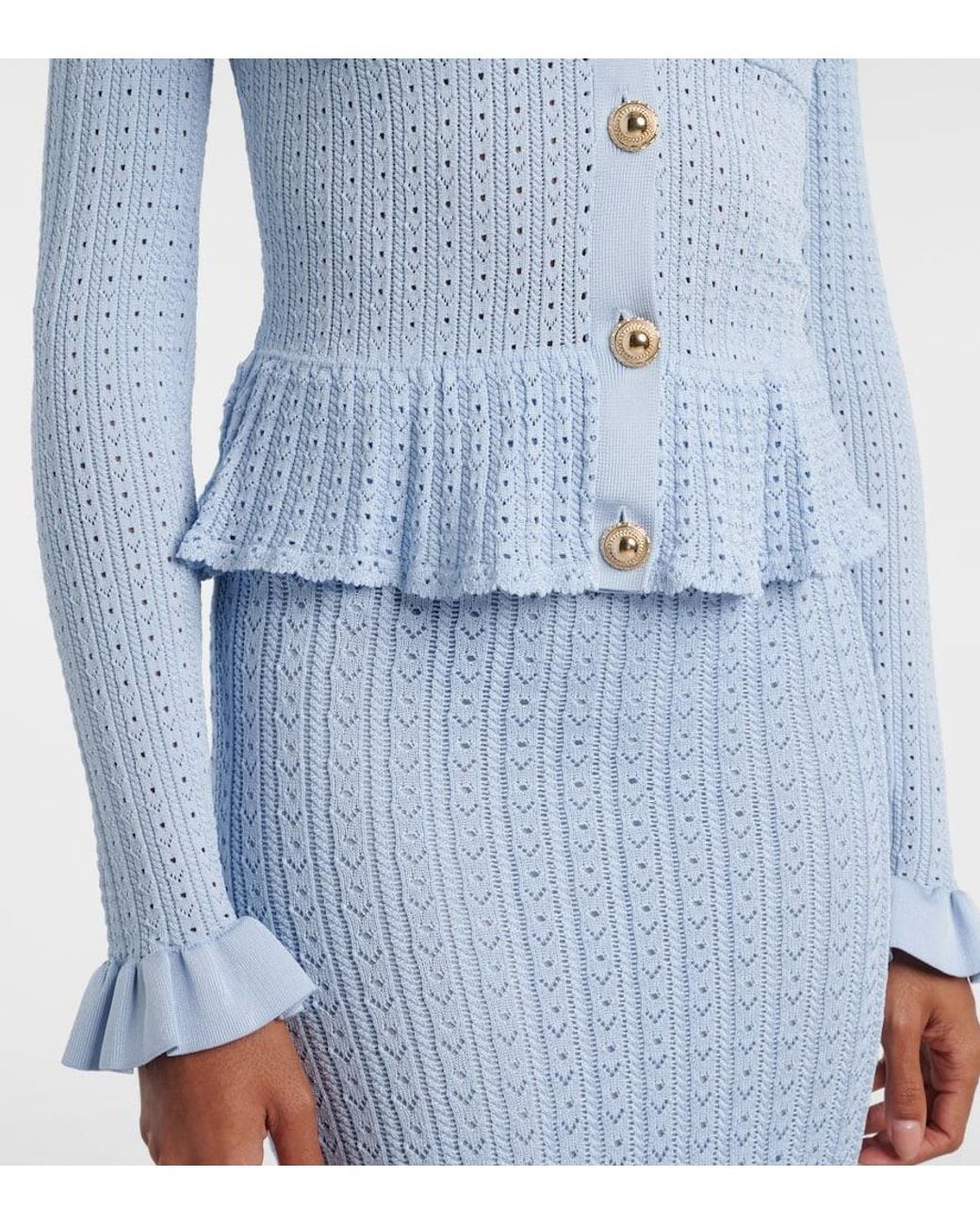 Self-Portrait Pointelle Peplum Midi Dress in Blue | Lyst Self-Portrait Pointelle Peplum Midi Dress in Blue | Lyst