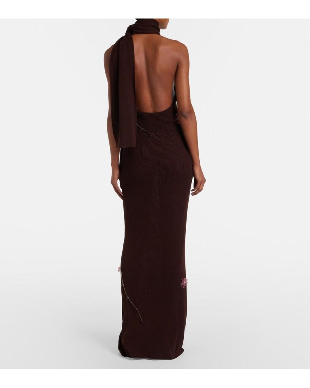 AYA MUSE Purple Stem Floral-Applique Knitted Maxi Dress