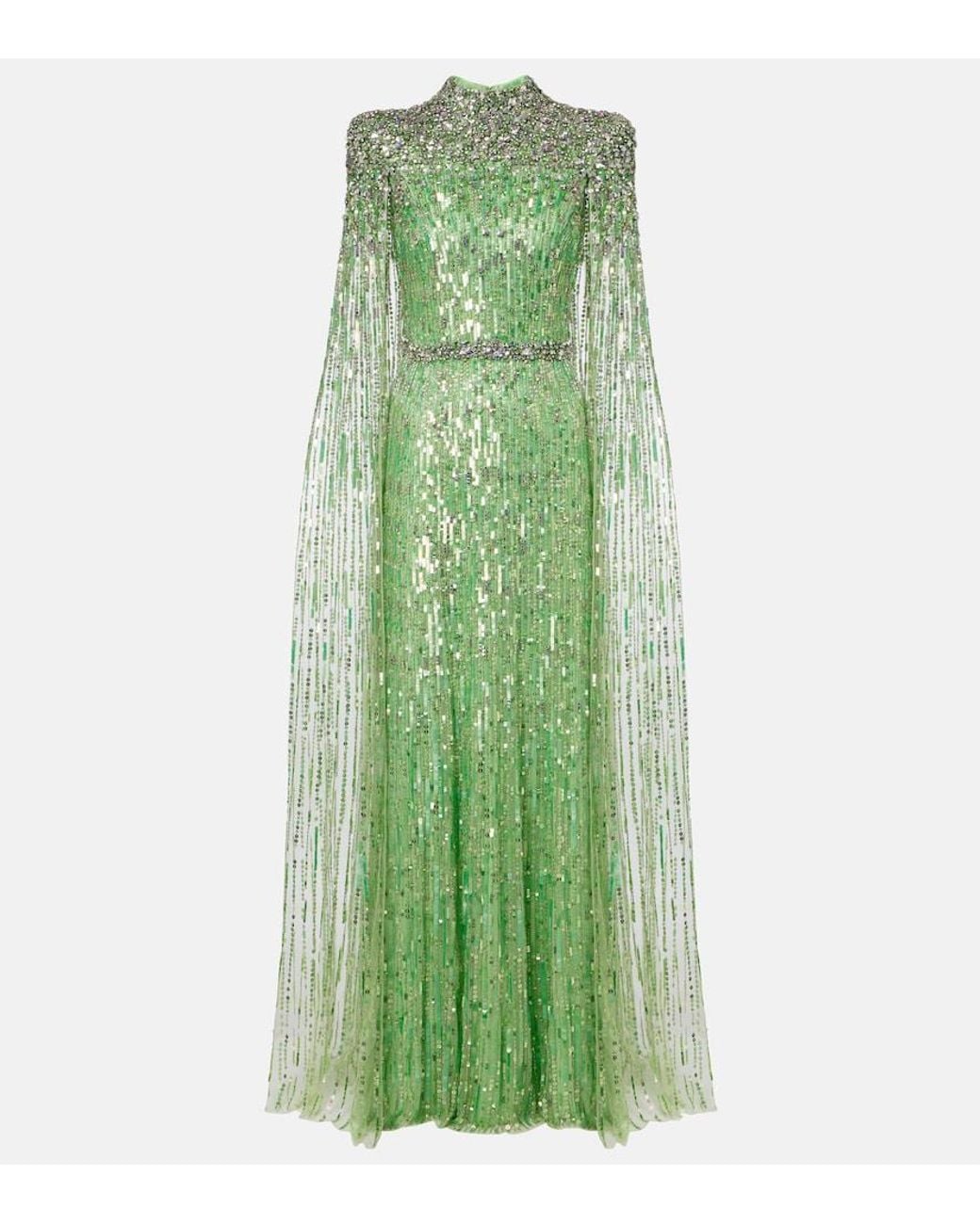 Jenny Packham Green Opera Embellished Caped Gown