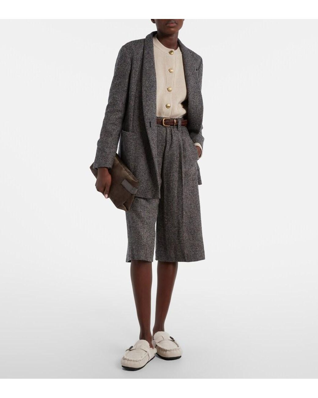 Brunello Cucinelli White Monili Shearling-Lined Suede Mules
