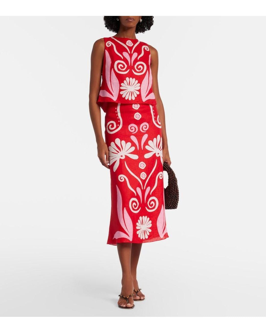 Cala De La Cruz Red Avelino Floral Linen Top