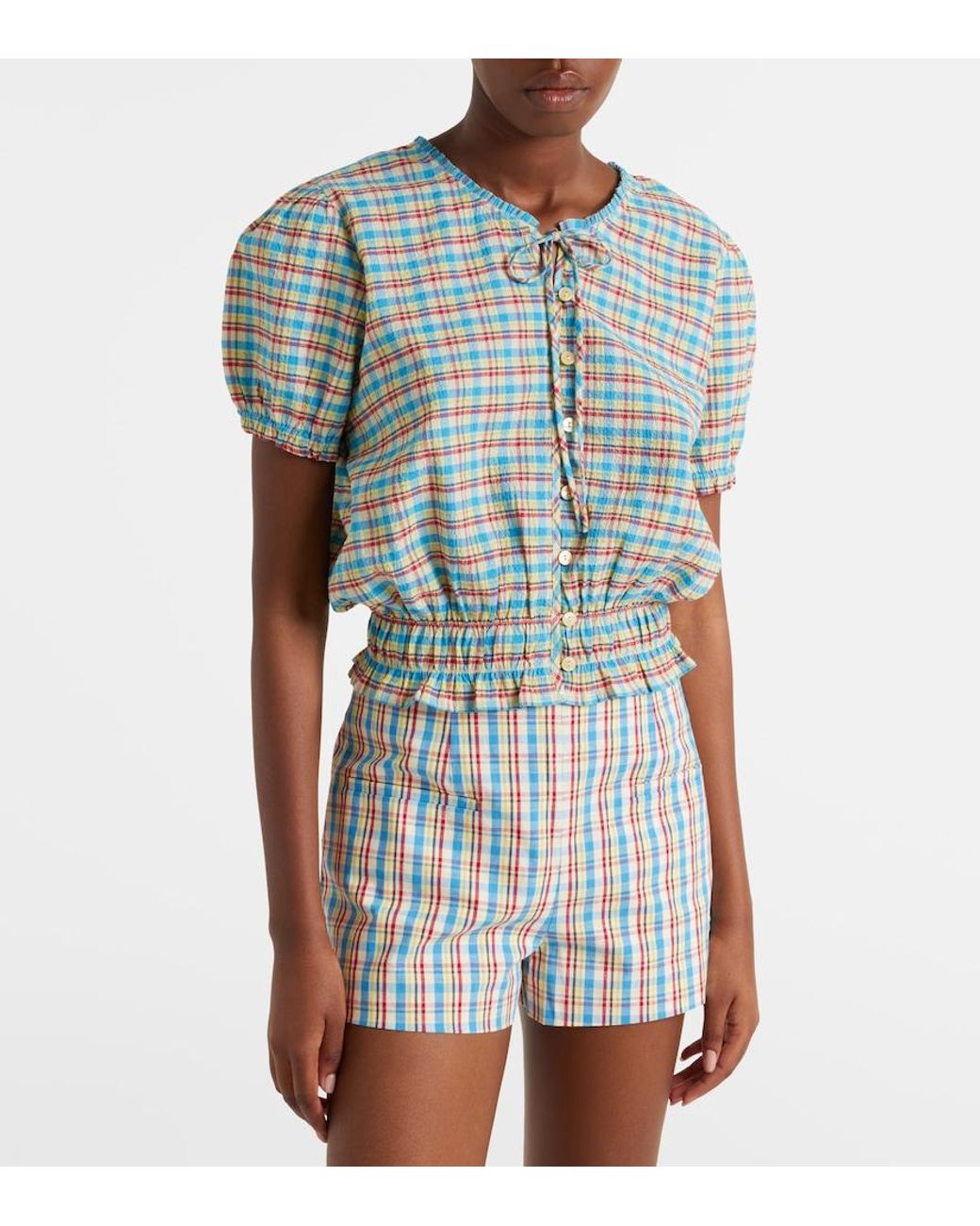 Faithfull The Brand Blue Santana Checked Cotton-Blend Top