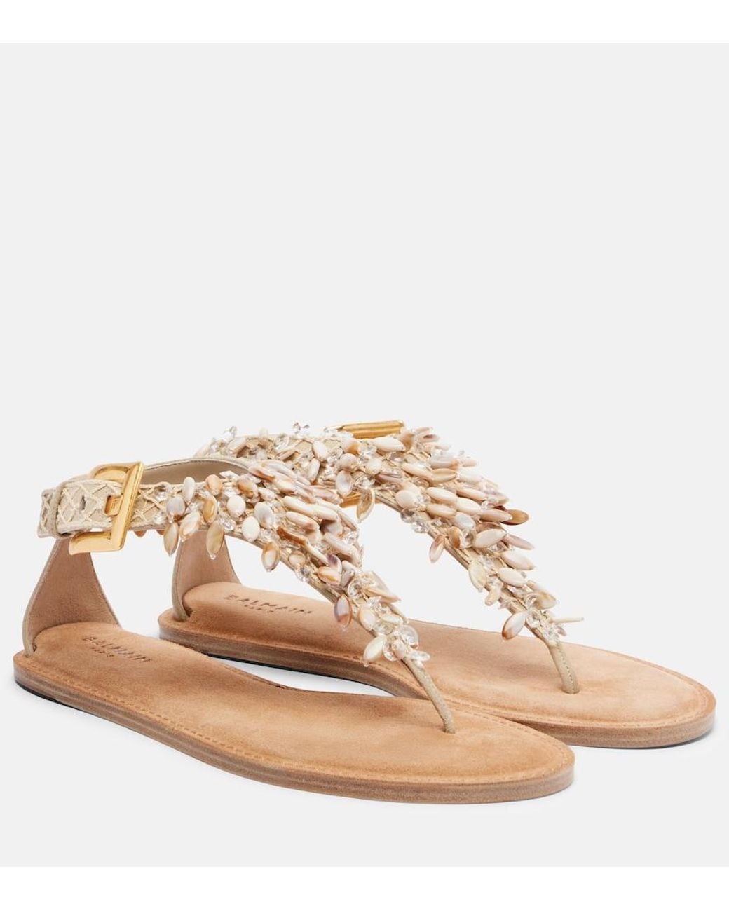 Balmain Natural Embellished Suede Thong Sandals