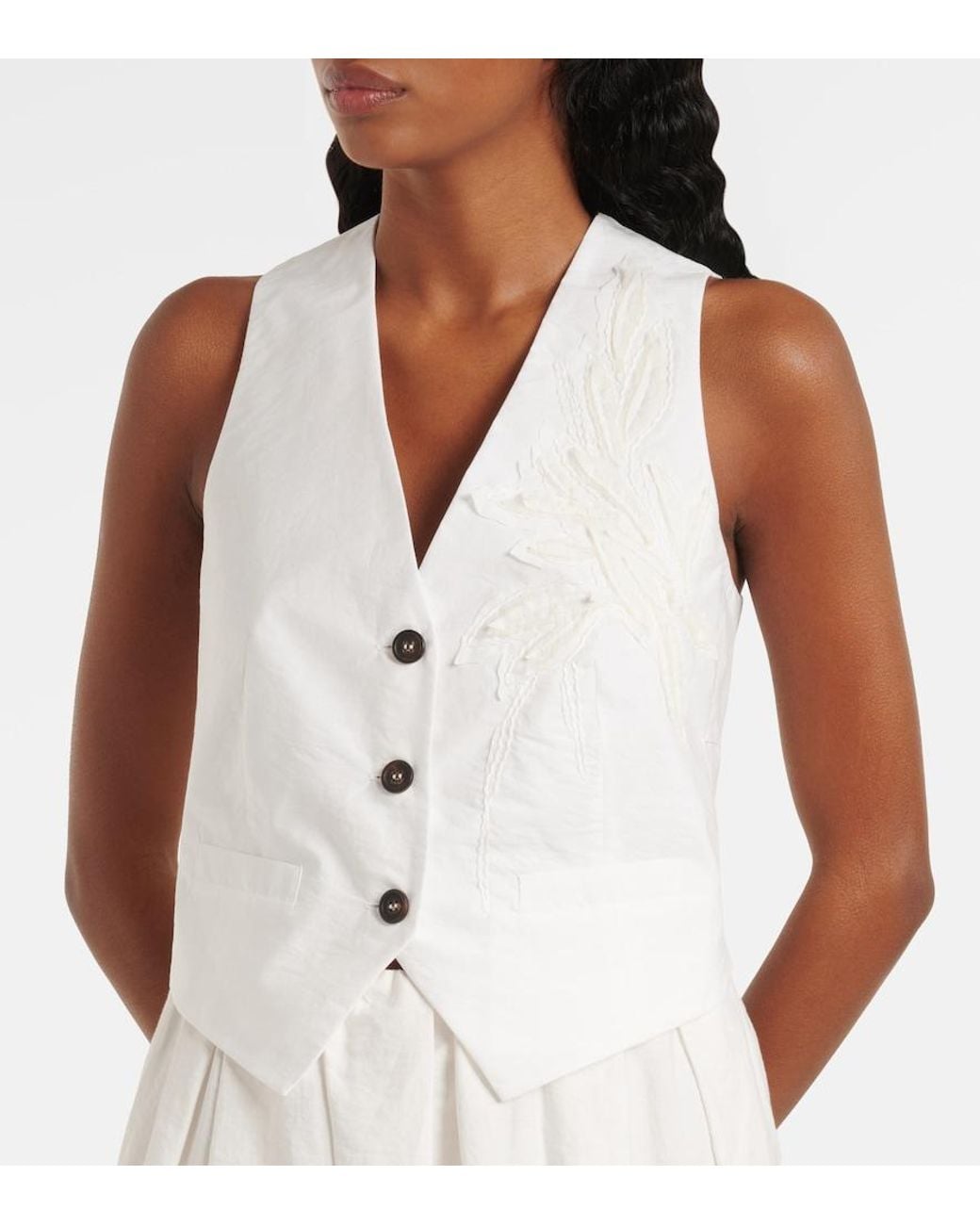 Brunello Cucinelli White Monili Applique Cotton-Blend Poplin Vest