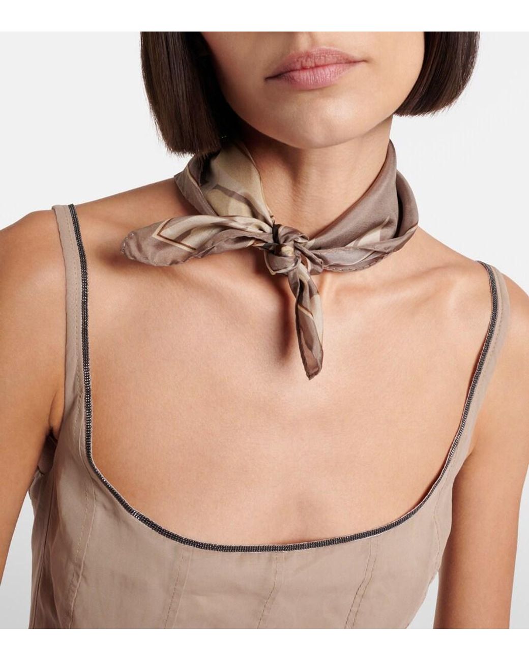 Brunello Cucinelli Natural Floral Silk Twill Scarf