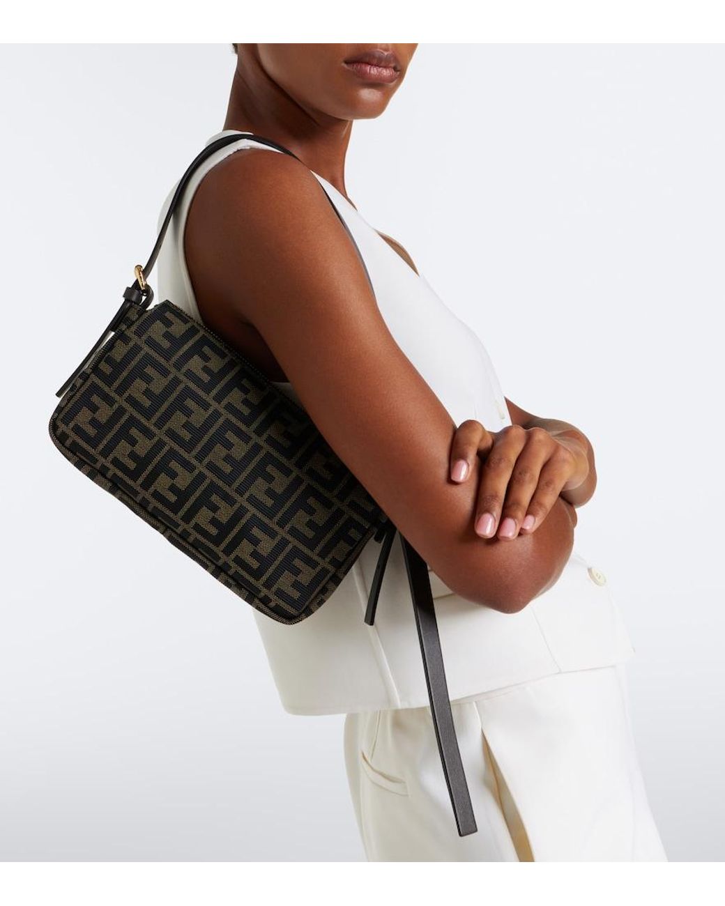 Fendi Black Zip Top Small Ff Jacquard Canvas Shoulder Bag