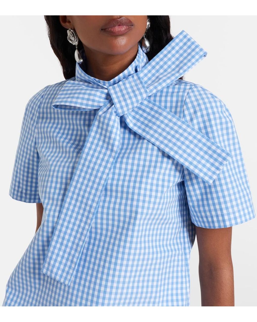 ShuShu/Tong Blue Bow-Detail Gingham Cotton Top